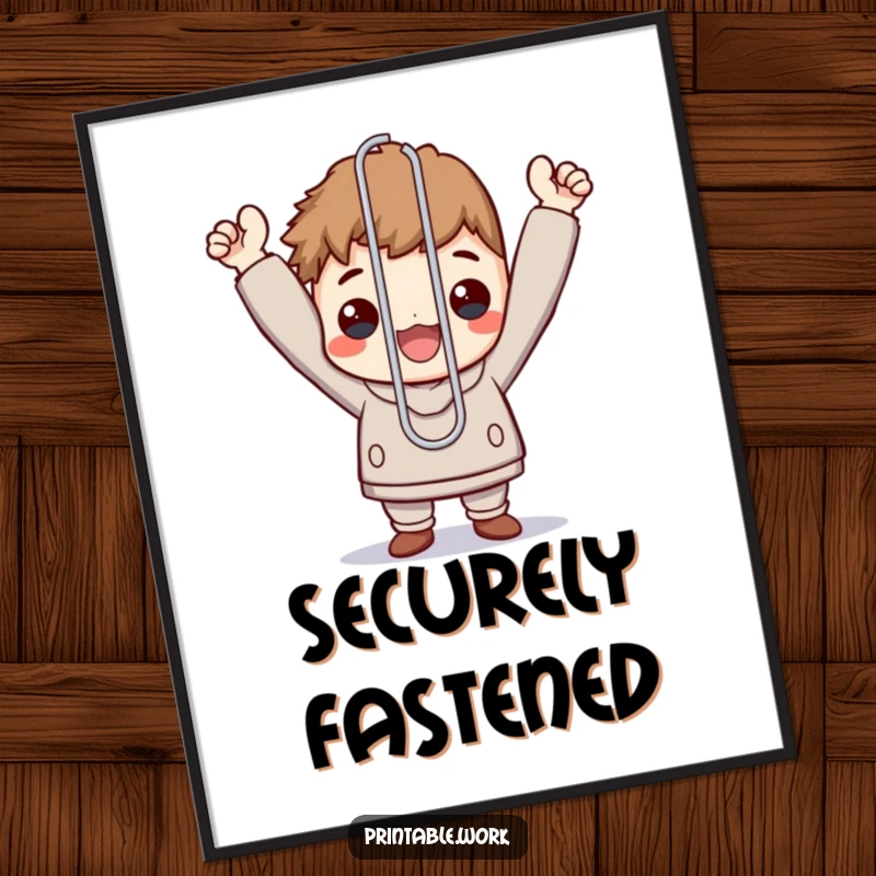 Funny digital art print of a character triumphantly holding a single, oversized paperclip.