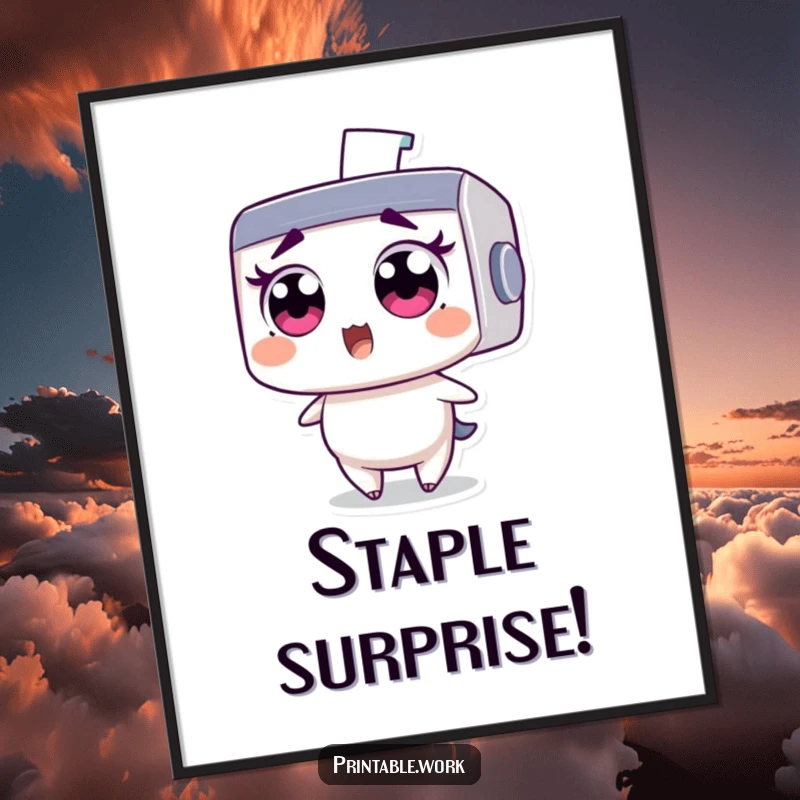 Funny digital art print: Wide-eyed printer character comically surprised by a flying staple, vibrant and humorous artwork.