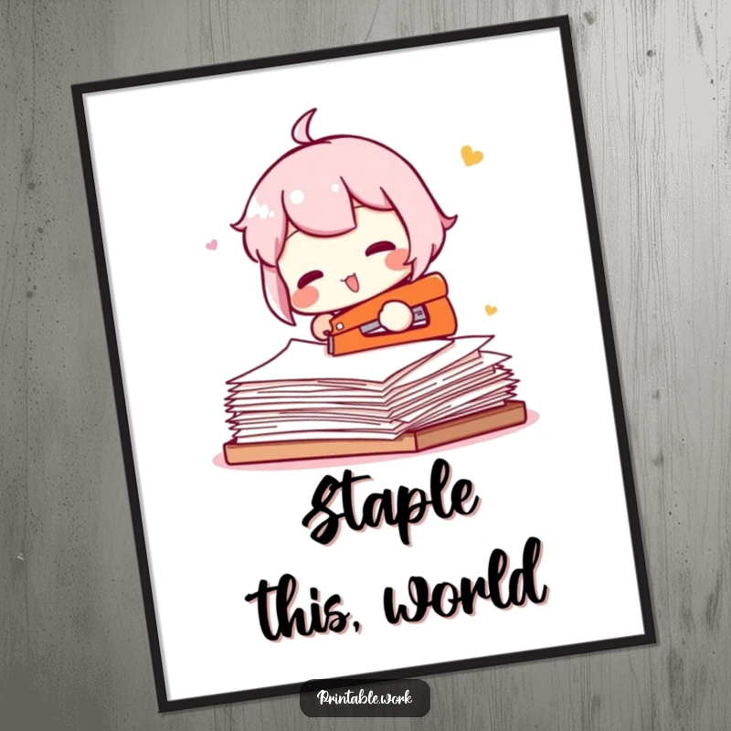 Funny digital art print of a character comically attempting to staple an entire ream of paper, perfect for office decor.