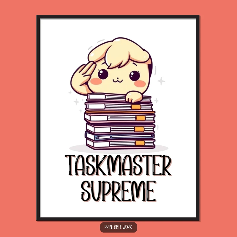 Funny Kawaii Office Art Print: Determined Character Salutes Files, Digital Download Gift