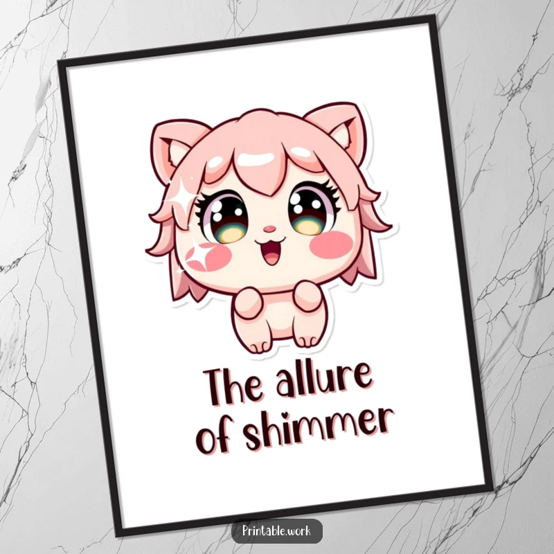 Funny Kawaii character with wide eyes staring at a sparkling sticker, offered as a digital art print for instant decorative wonder.