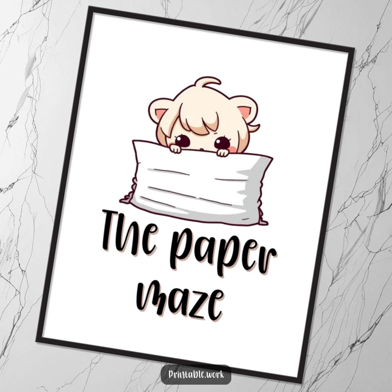 Funny Kawaii character peeking from behind a stack of paper, offered as a digital art print for instant humorous decoration.