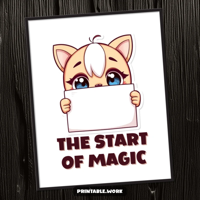 Funny digital art print of a curious character with wide, excited eyes looking at a blank page, perfect for instant, inspiring wall decor.