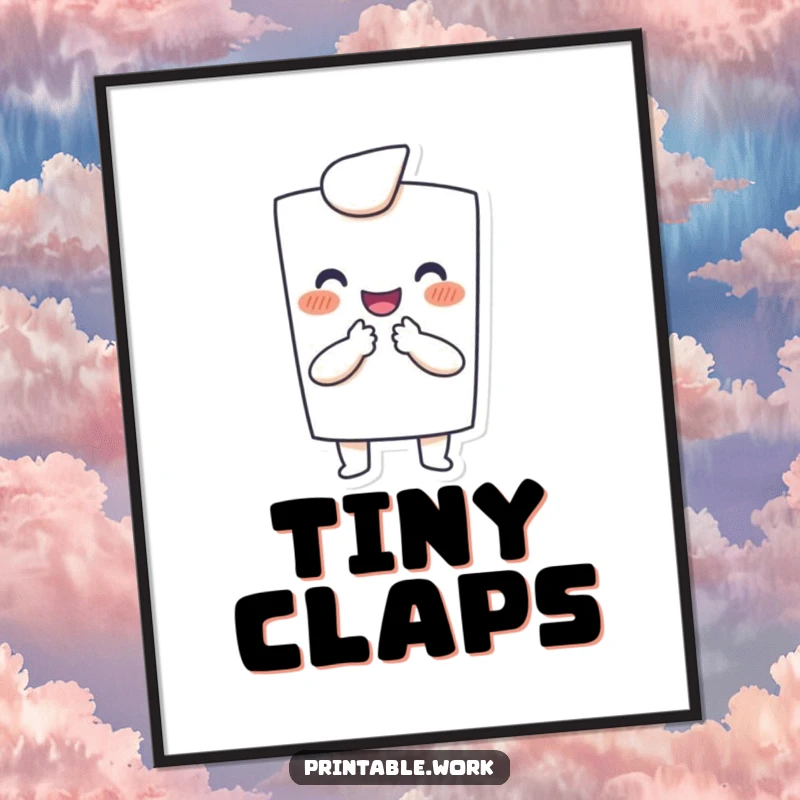 Funny digital art print: Happy paper character joyfully clapping with tiny hands, expressing pure delight and humor.
