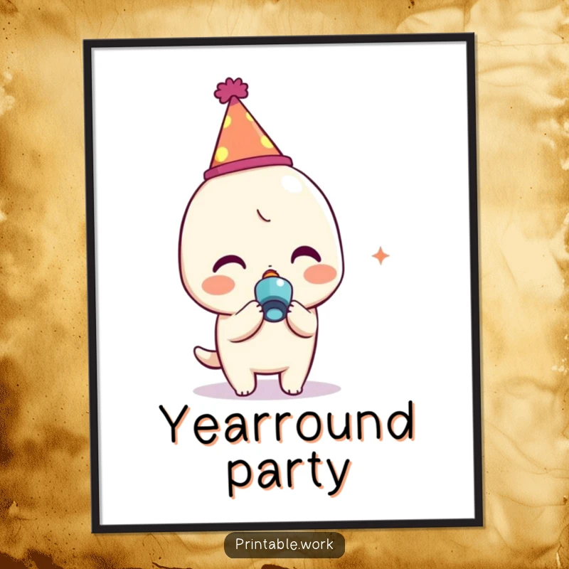 Funny Kawaii character in a party hat blowing a noisemaker, available as a digital art print for instant festive decoration.