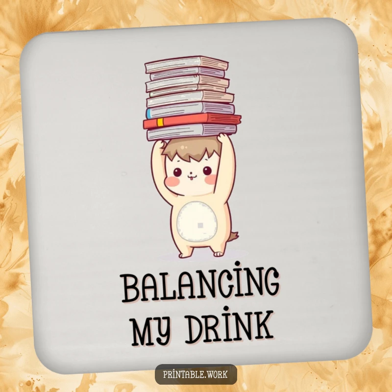Funny drink coaster with a character balancing a stack of documents on its head, protecting surfaces.