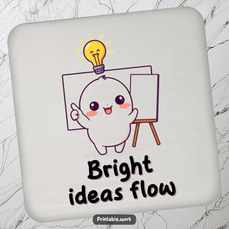Funny Coaster: Set of coasters featuring a kawaii character with a lightbulb above its head, pointing to a whiteboard, symbolizing ideas.