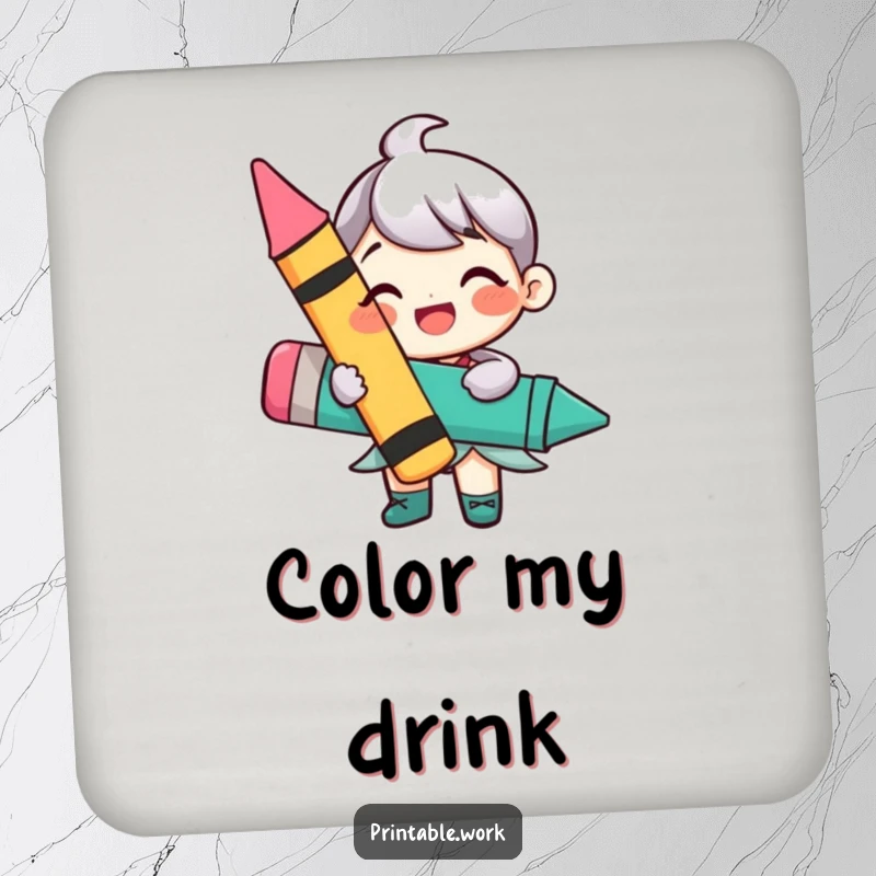 Funny drink coaster featuring a happy character holding a large, vibrant crayon, protecting tabletops with artistic charm and humor.