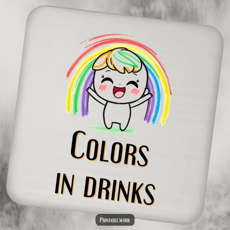 Funny delighted crayon character coaster, joyfully drawing a vibrant rainbow with colorful strokes, protecting surfaces with artistic flair.