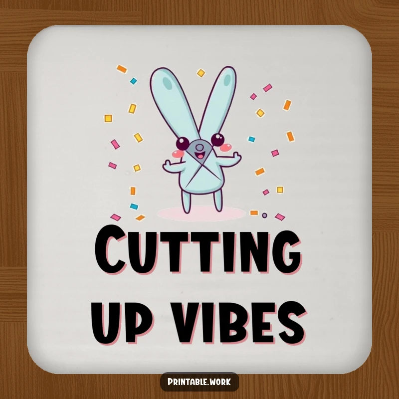 Funny playful scissors character coaster, joyfully snipping confetti, protecting surfaces with festive charm.