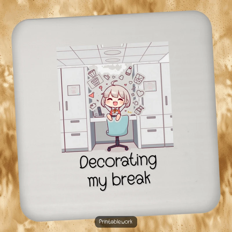 Funny drink coasters showcasing a character decorating a cubicle with whimsical art, combining function and humor.