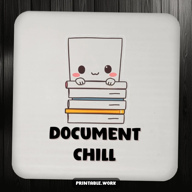 Funny drink coasters: Paper character shyly peeking from behind documents, protecting surfaces with subtle humor.