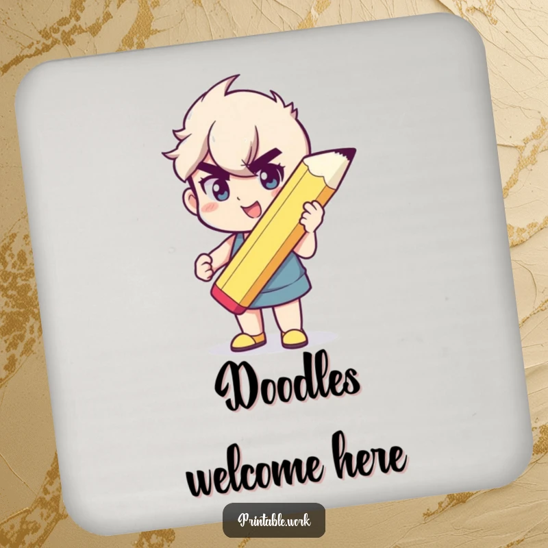 Funny drink coaster featuring a character holding a giant pencil, adding artistic humor and protecting surfaces.