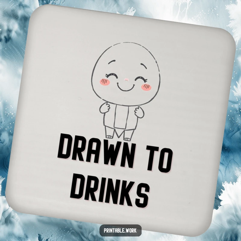Funny smiling pencil character coaster, joyfully drawing a cheerful, wobbly line, protecting surfaces with artistic flair.