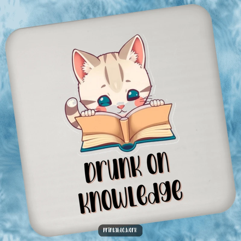 Funny drink coasters featuring a curious cat character engrossed in a miniature book. Offers protection with a literary touch.