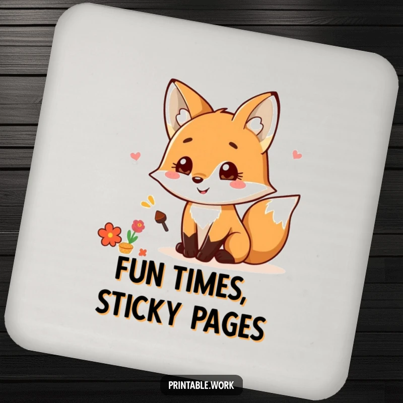 Funny Kawaii Fox Scrapbooking Drink Coaster with a smiling fox and craft elements, adding humor to any table, a perfect funny gift.