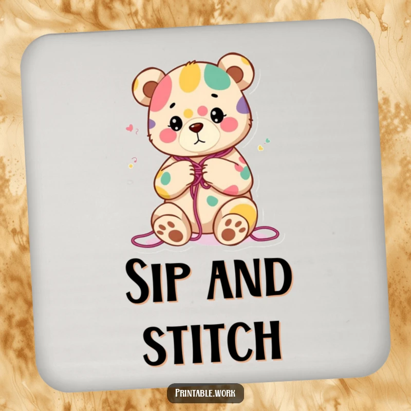 Funny drink coaster with a content bear character knitting a colorful abstract pattern, protecting surfaces with cozy humor.