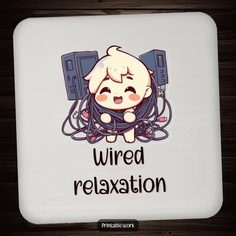 Funny drink coaster featuring a character tangled in a mess of computer cables, a humorous addition to drinkware.
