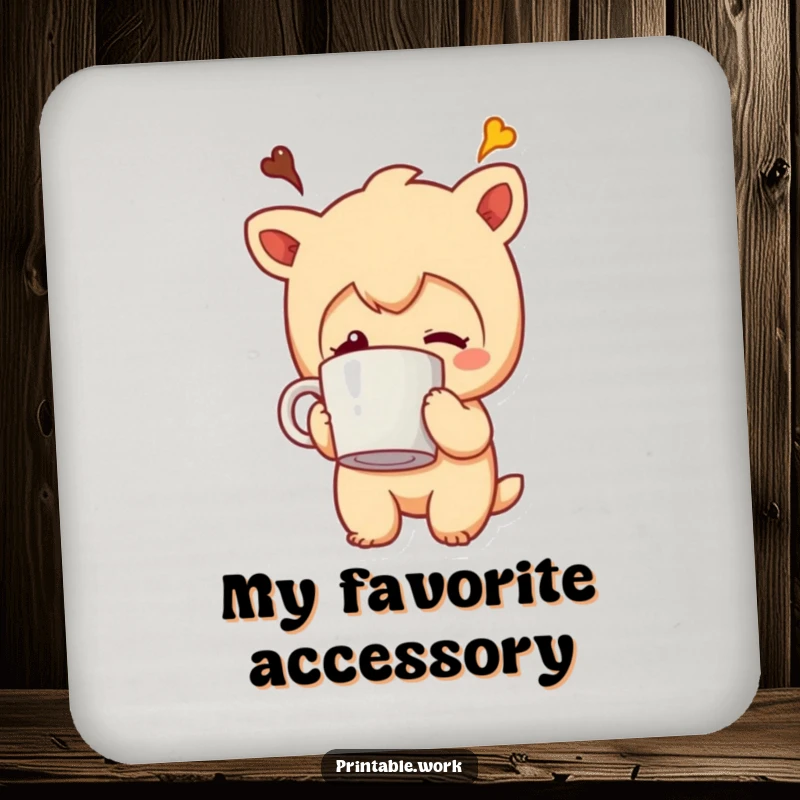 Funny coaster featuring a character with its coffee mug comically stuck to its head, protecting furniture with humor.