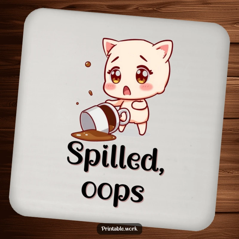 Funny drink coaster featuring a character trying to catch a flying, spilled coffee mug, a humorous addition to drinkware.