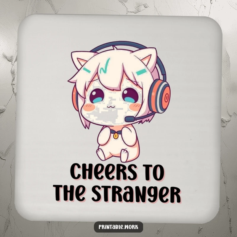 Funny coaster featuring a character wearing a headset and looking confused at its reflection, protecting surfaces with whimsy.