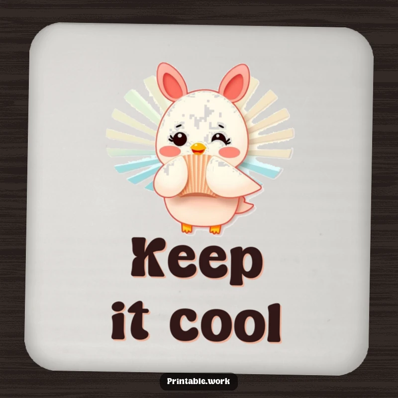 Funny drink coasters with a rosy-cheeked paper fan character fluttering playfully, offering humorous protection for any table surface.