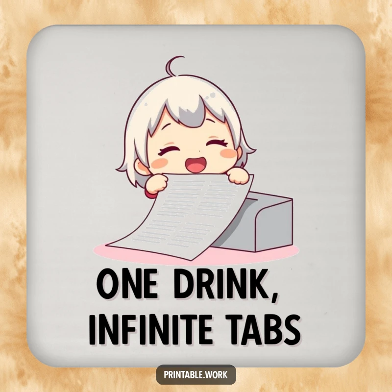 Funny drink coasters showing a giggling character printing an absurdly long document, a humorous and practical table accessory.