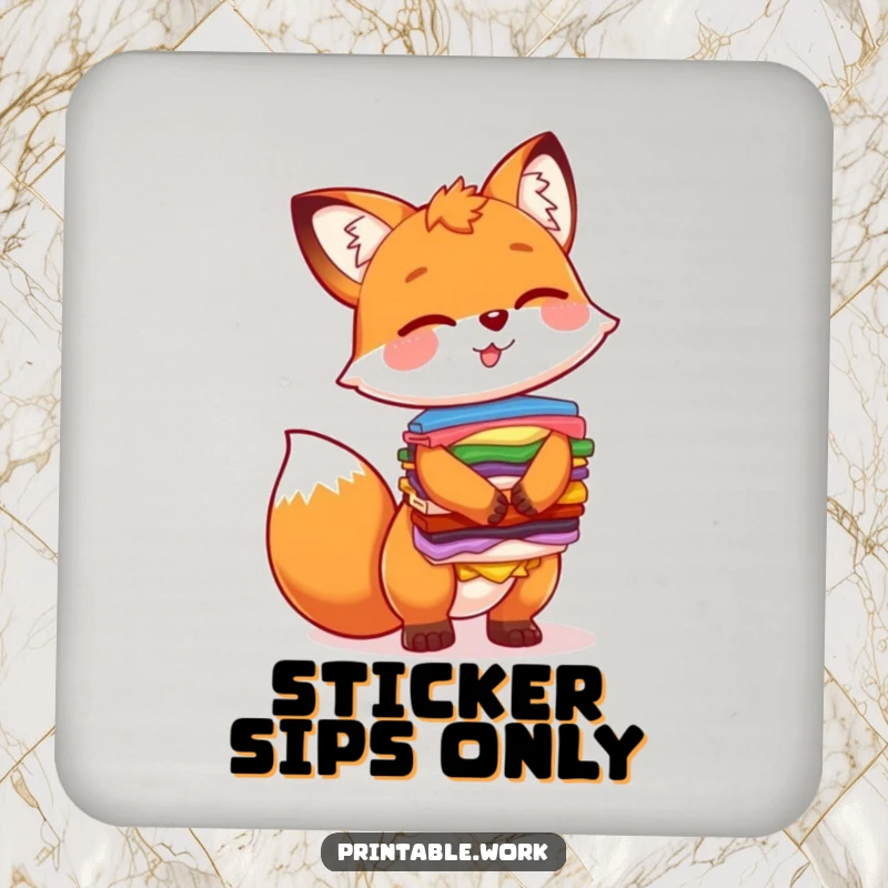 Funny coaster artwork of a giggling fox character humorously balancing a colorful wad of stickers, protecting surfaces with smiles.