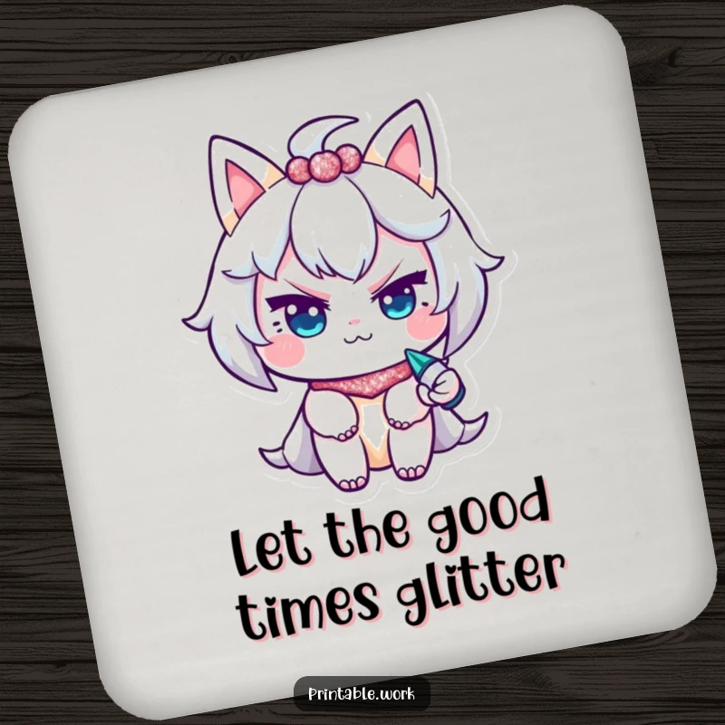 Funny Coaster: A character with a mischievous wink uses a glitter pen, adding sparkle and fun.