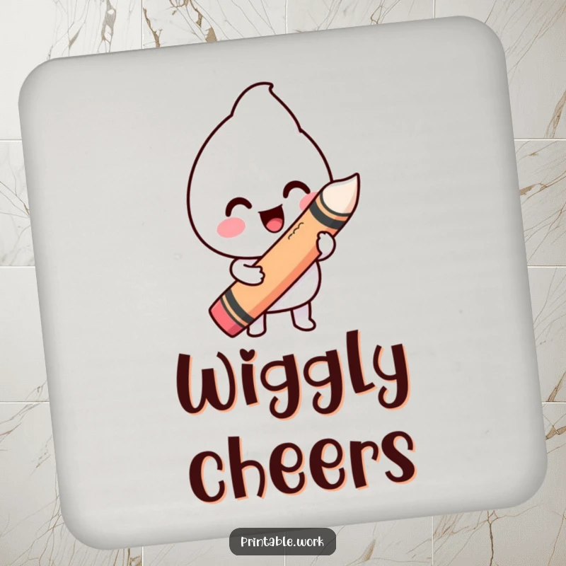 Funny drink coasters featuring a happy Kawaii character drawing a wiggly line with a giant crayon, adding artistic humor.