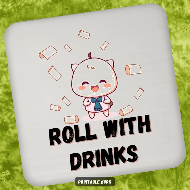 Funny Juggling Coaster: A character grinning while playfully juggling tiny rolls of paper, protecting surfaces with flair.
