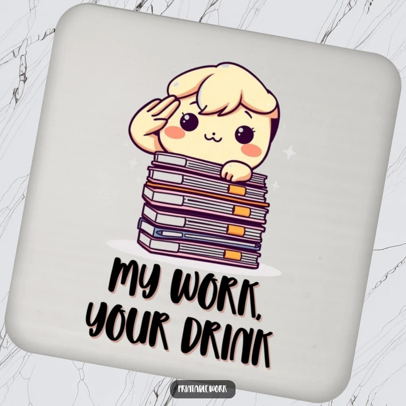 Funny Kawaii Coaster: A determined character saluting a pile of files, protecting surfaces with a humorous office vibe.
