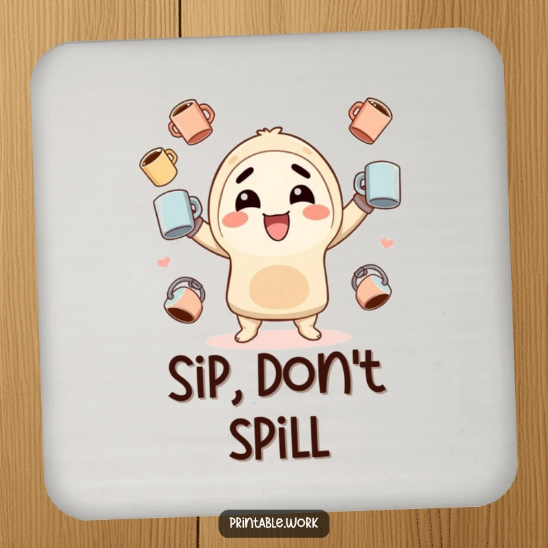 Funny Coaster: Set of charming coasters with a kawaii character juggling coffee mugs, protecting surfaces with a smile.