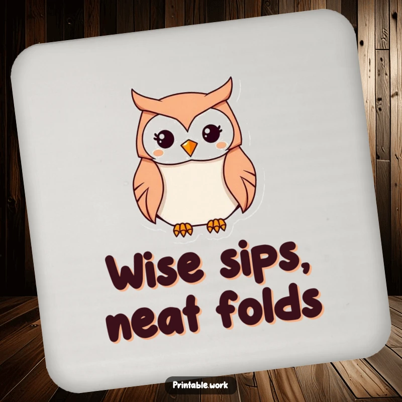 Funny Kawaii Owl Origami Drink Coaster featuring a focused owl folding intricate origami, adding humor to any table, a perfect funny gift.