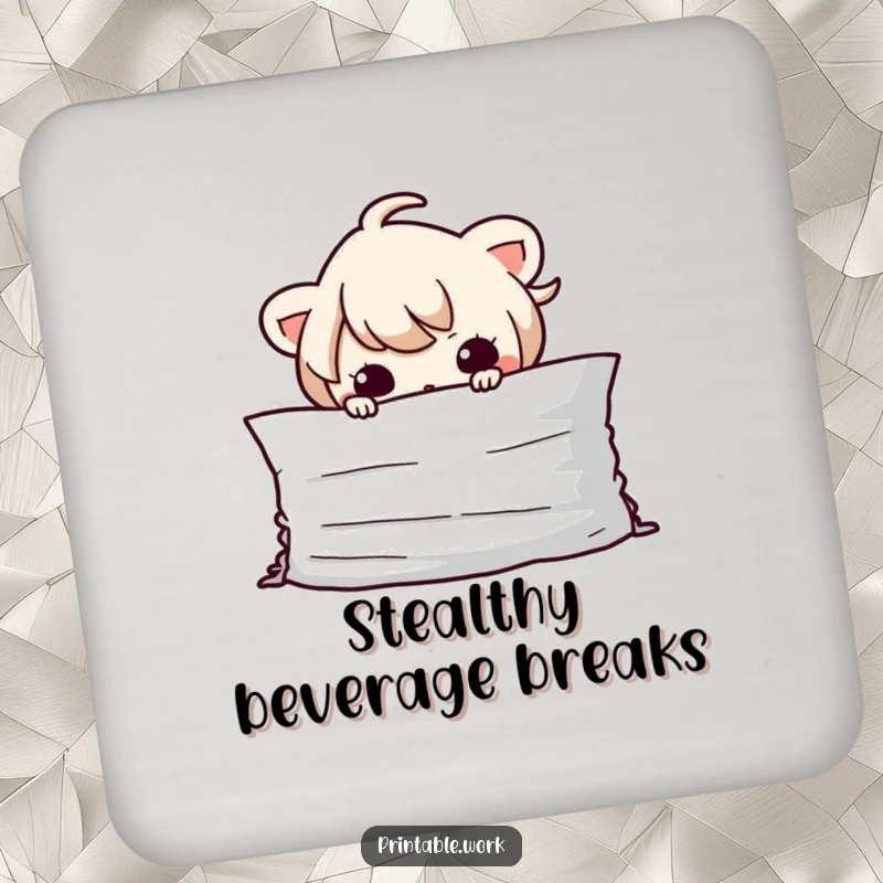 Funny Kawaii character hiding behind a pile of documents on absorbent drink coasters, offering both protection and a playful secret.