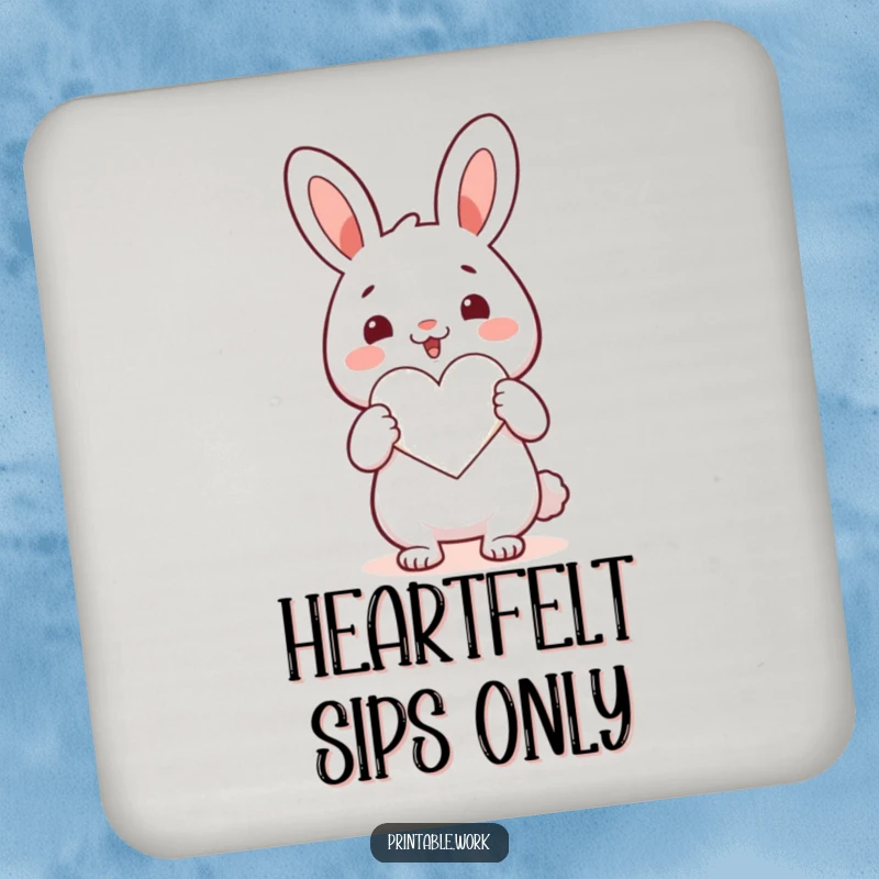 Funny Kawaii rabbit character cutting a heart shape on a drink coaster, bringing cheerful love and humor to your table.