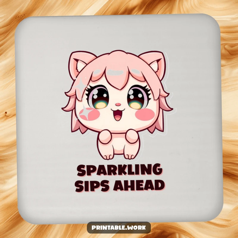 Funny Kawaii character with wide eyes staring at a sparkling sticker on absorbent drink coasters, offering protection with a hint of wonder.