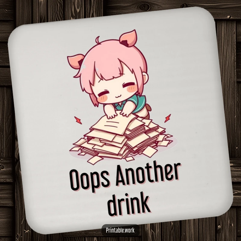 Funny Kawaii character comically tripping over a tiny pile of papers, on a drink coaster, offering cute, humorous protection.