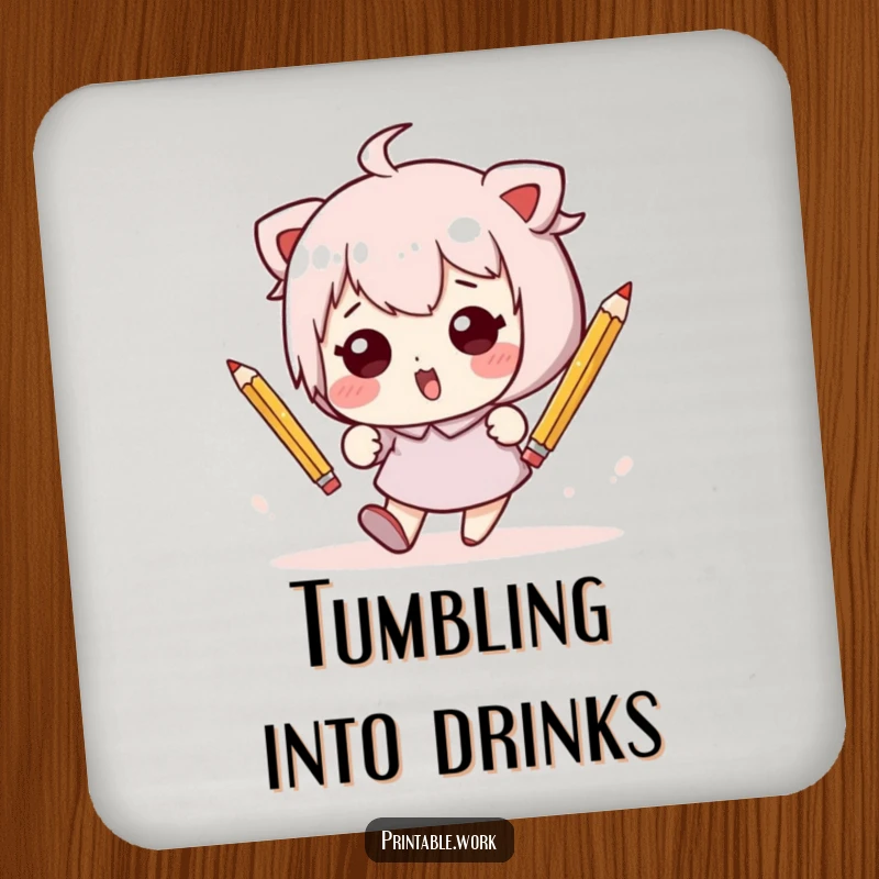 Funny Kawaii character hilariously tumbling with pencils on absorbent drink coasters, offering protection with a side of humor.