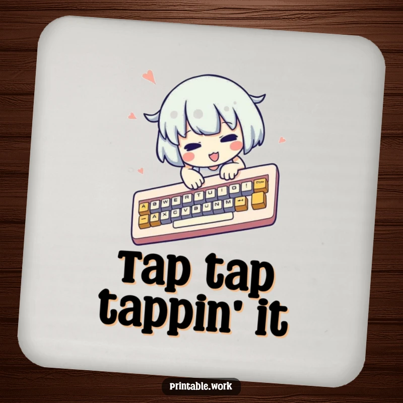 Funny kawaii character drink coaster, frantically typing on a comically oversized keyboard, cute, humorous, protective gift.