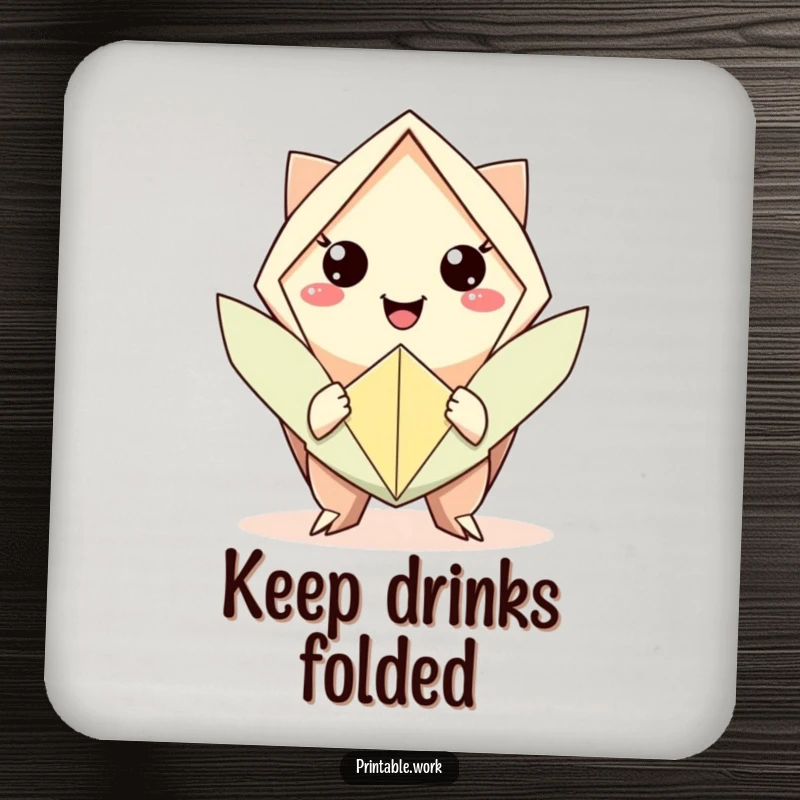 Funny drink coaster featuring a character offering origami, adding artistic humor and protecting surfaces.