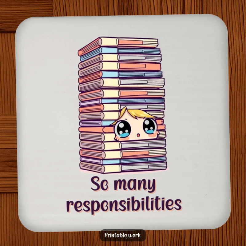 Funny character drink coaster, surprised looking at a towering stack of files with wide eyes, office humor, humorous, protective gift.
