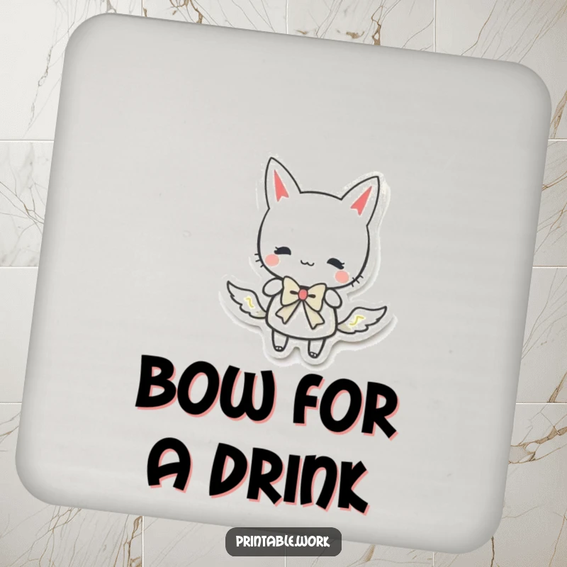 Funny paper character doing a curtsy with a bow, adding a polite and funny touch to this drink coaster.