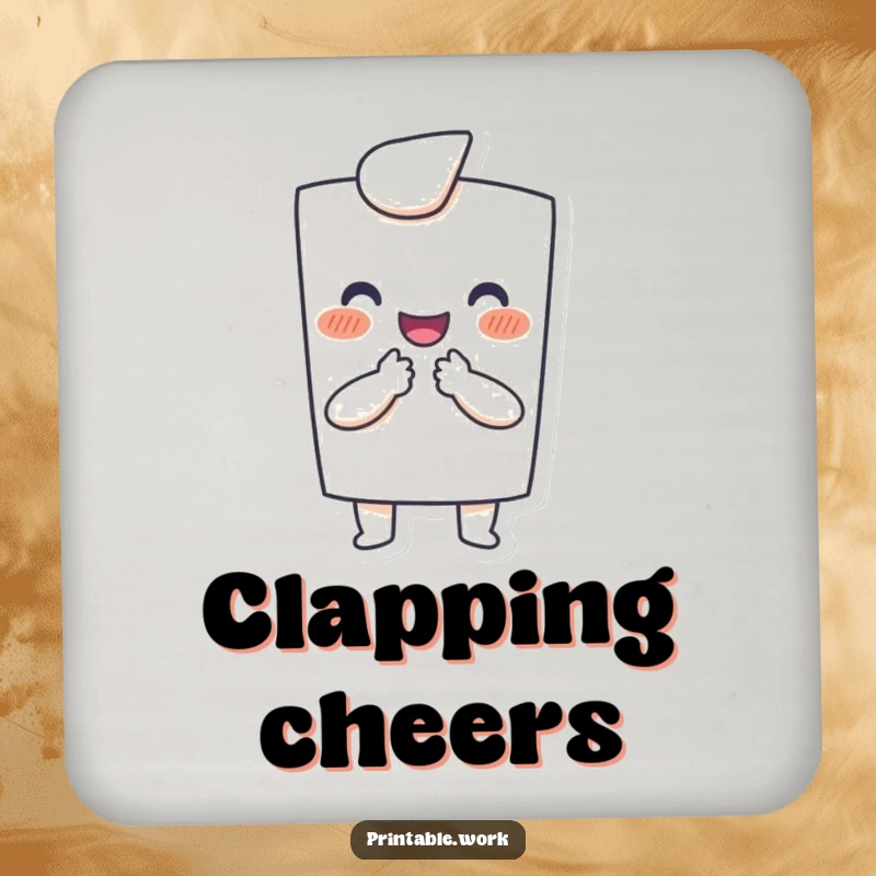 Funny drink coasters: Happy paper character joyfully clapping with tiny hands, protecting surfaces with cheerful humor.