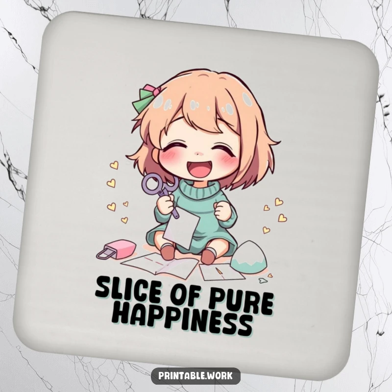 Funny Coaster: A character giggles while cutting intricate paper shapes with scissors, adding crafty charm.