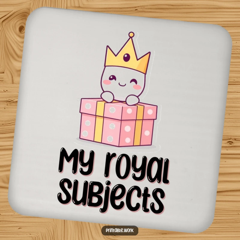 Funny paper crown character with a cheerful expression sitting atop a present, on a drink coaster, protecting surfaces with regal flair.
