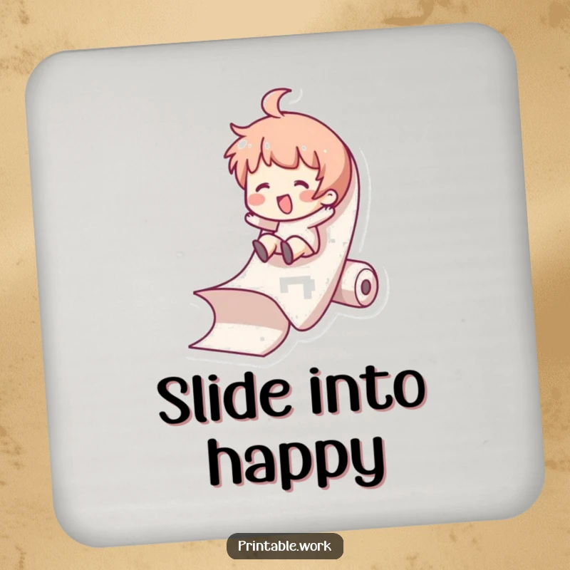 Funny Coaster: Character slides down a paper roll, a humorous depiction for drink protection.