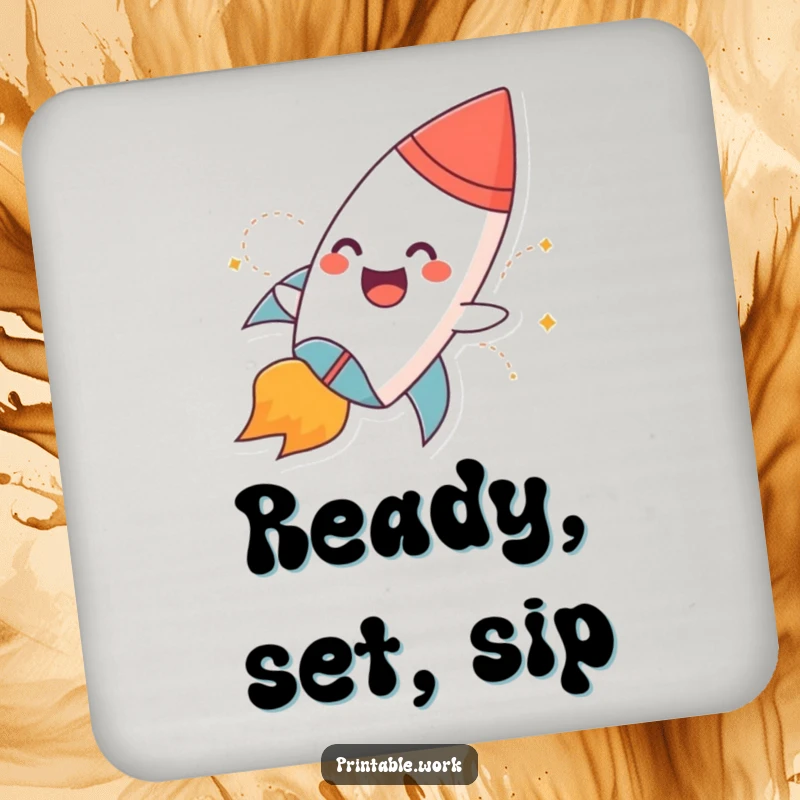 Funny drink coaster featuring a giggling paper rocket character with flames blasting off, protecting surfaces with charm.