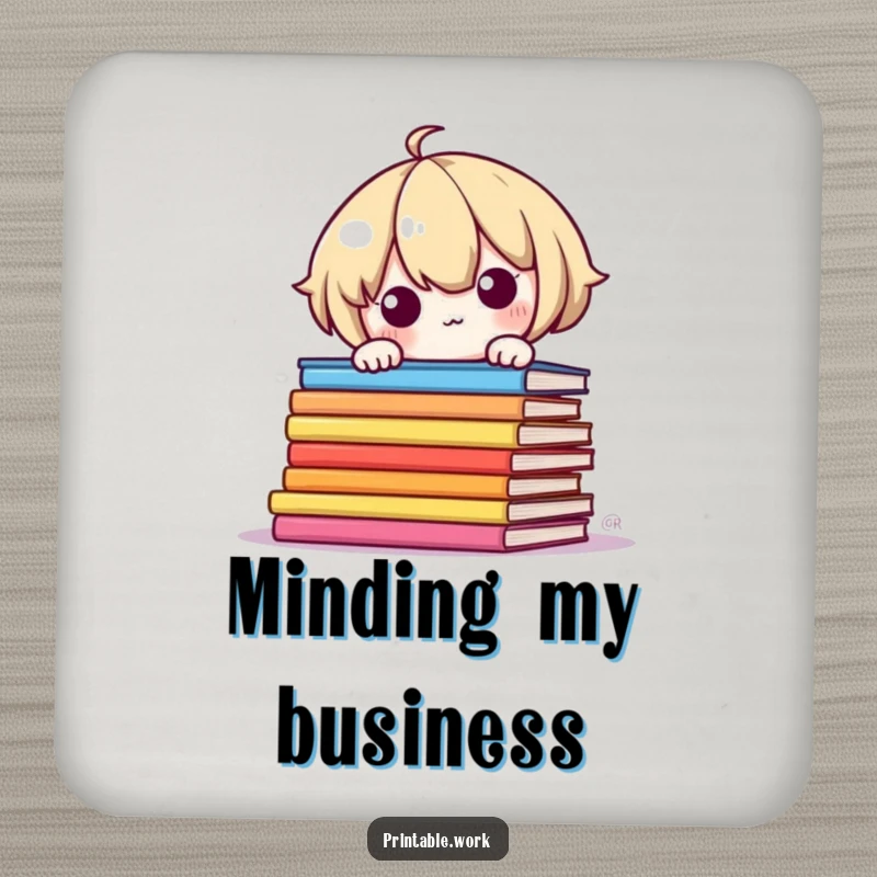 Funny Coaster: Shy Kawaii character peeking around colorful book pages, a protective and humorous drink accessory.
