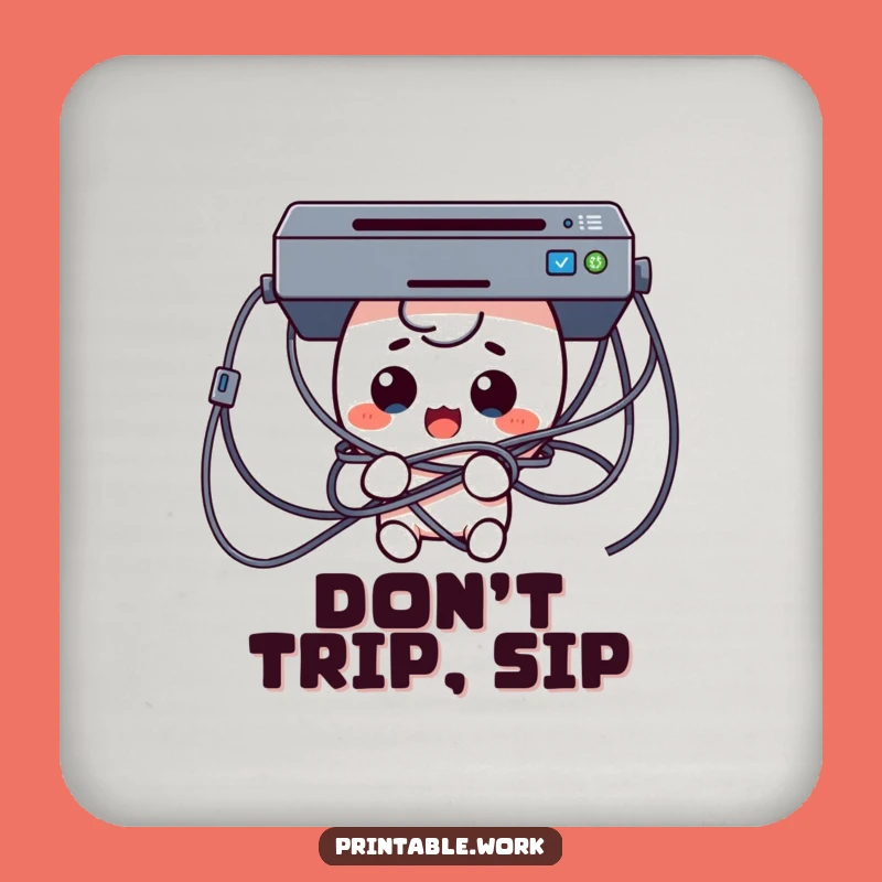 Funny Tech Trouble Coaster: Surprised Kawaii Character in Cables Drink Art